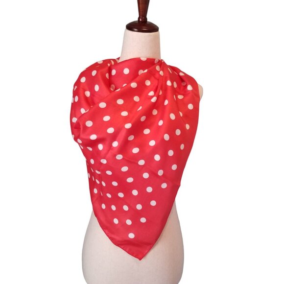 Vintage Scarf Red Polka Dot Square Polyester Cosplay Rockabilly Retro Housewife - Picture 2 of 9
